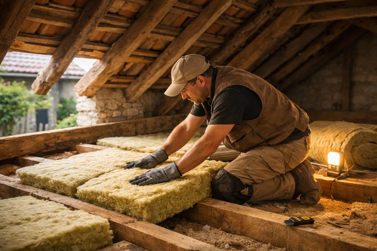 Aides à la rénovation d'une maison ancienne : artisan posant un isolant dans des combles