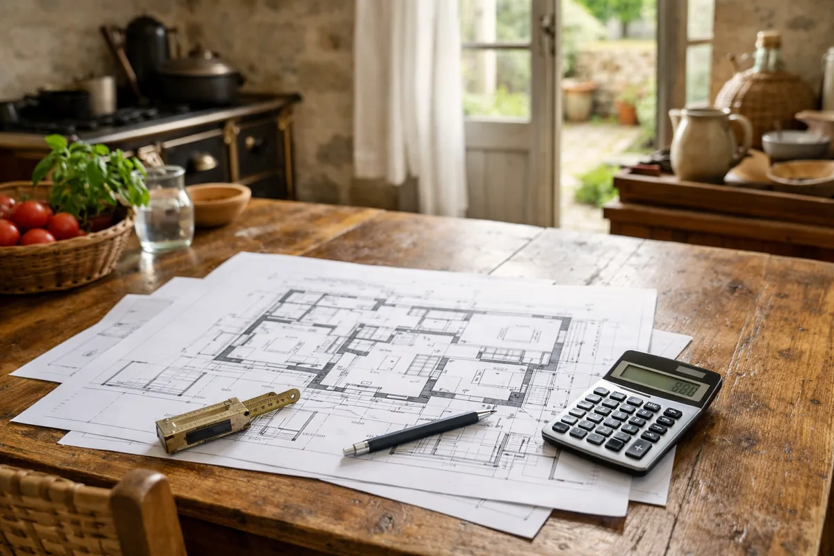 Dossier d'aide à la rénovation d'une maison ancienne préparé sur une table avec des plans