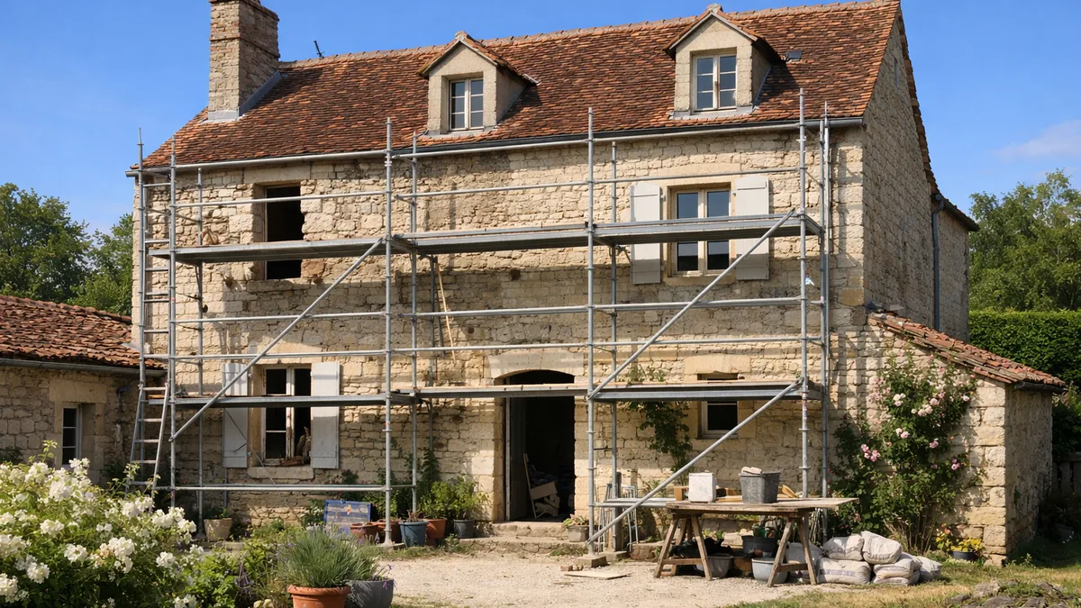 Aide à la rénovation maison ancienne : façade en pierre en cours de rénovation avec échafaudage