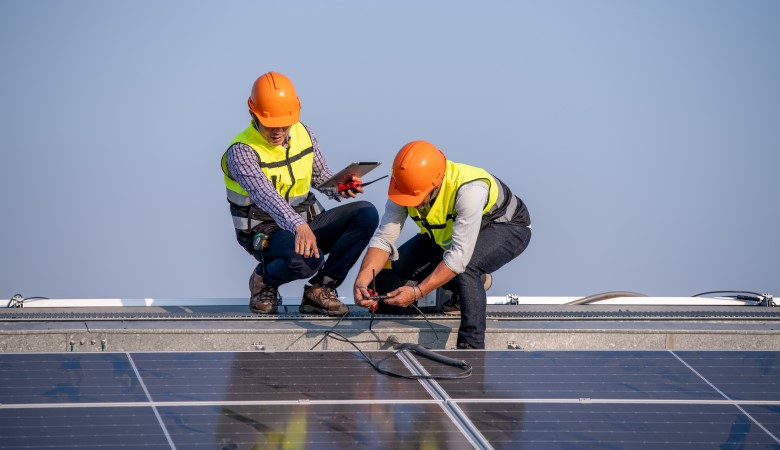 deux hommes en train d'installer des panneaux solaires sur un toit