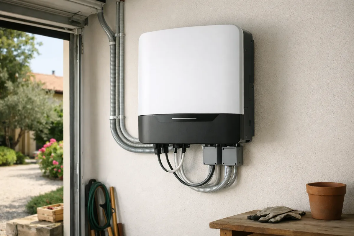 Fonctionnement d'un panneau solaire : onduleur installé sur le mur d'un garage