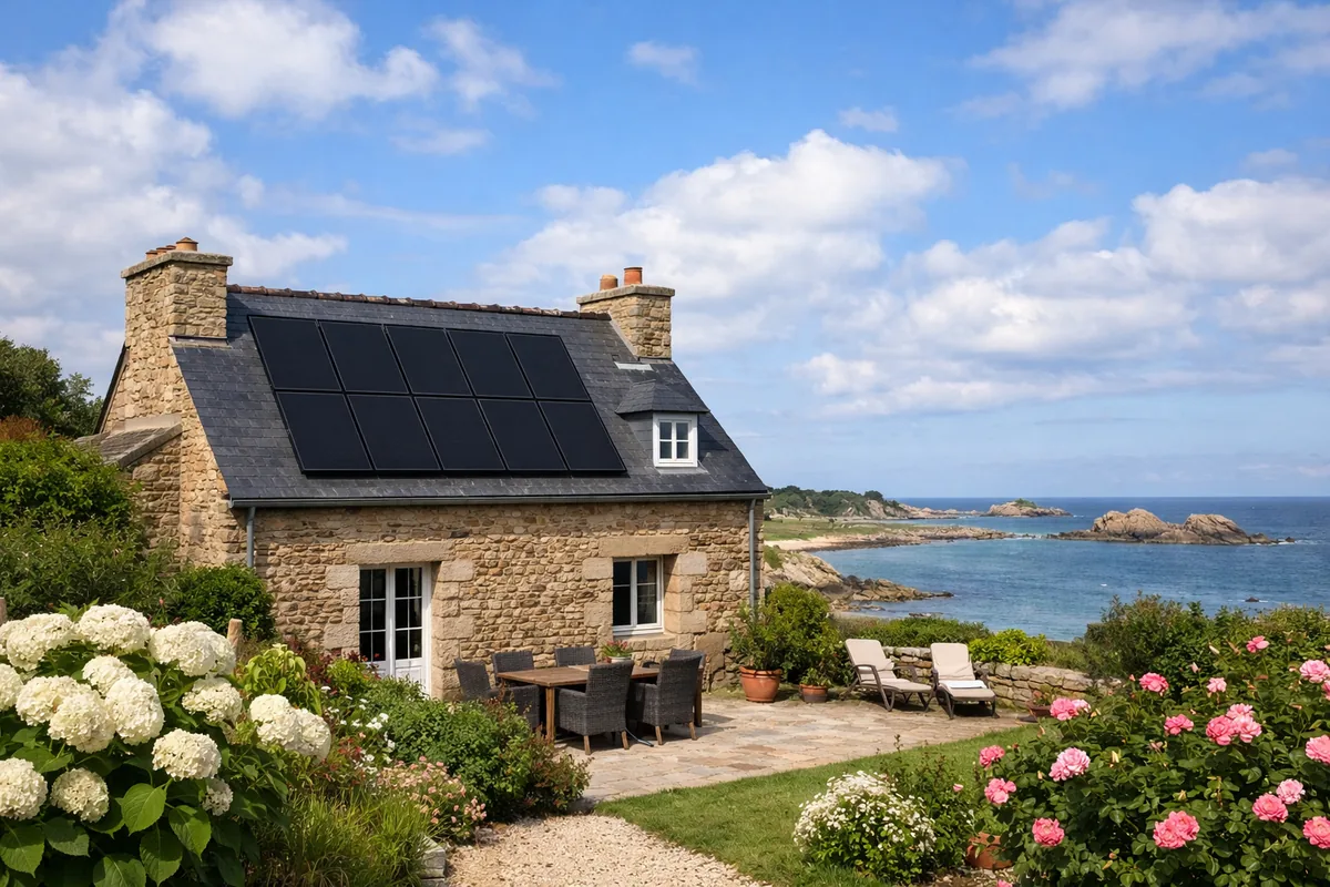 Panneaux solaires en fonctionnement sur le toit d'une maison bretonne en granit