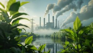 En premier plan, de la végétation. En second plan, des usines lâchants de la fumée.