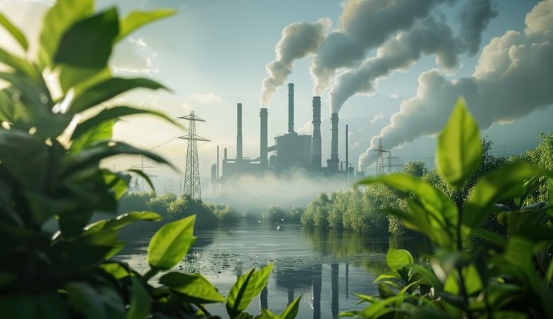 En premier plan, de la végétation. En second plan, des usines lâchants de la fumée.