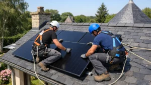 Installation panneaux solaires : techniciens posant des modules sur une toiture en ardoise