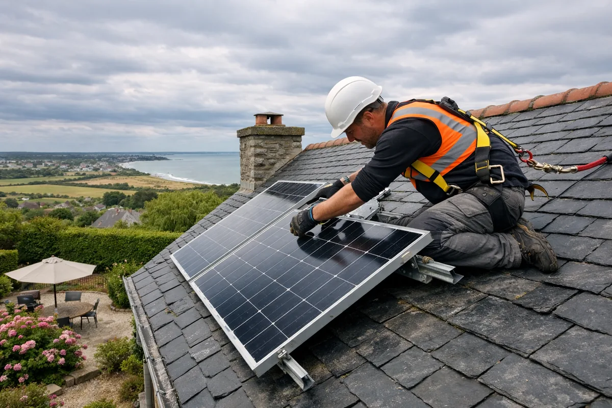 Artisan RGE installant des panneaux solaires hybrides sur un toit en Bretagne