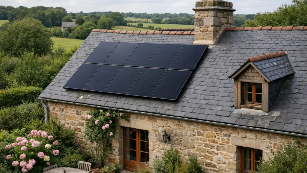 Panneau solaire hybride posé sur la toiture en ardoise d’une maison bretonne