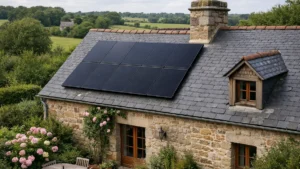 Panneau solaire hybride posé sur la toiture en ardoise d’une maison bretonne