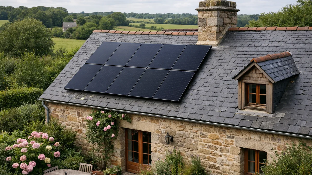 Panneau solaire hybride posé sur la toiture en ardoise d’une maison bretonne