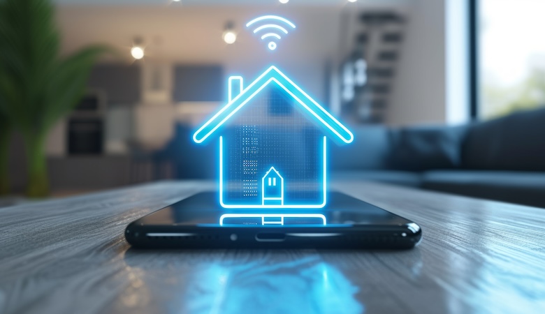 Un hologramme d'une maison au-dessus d'un smartphone, représentant la domotique.