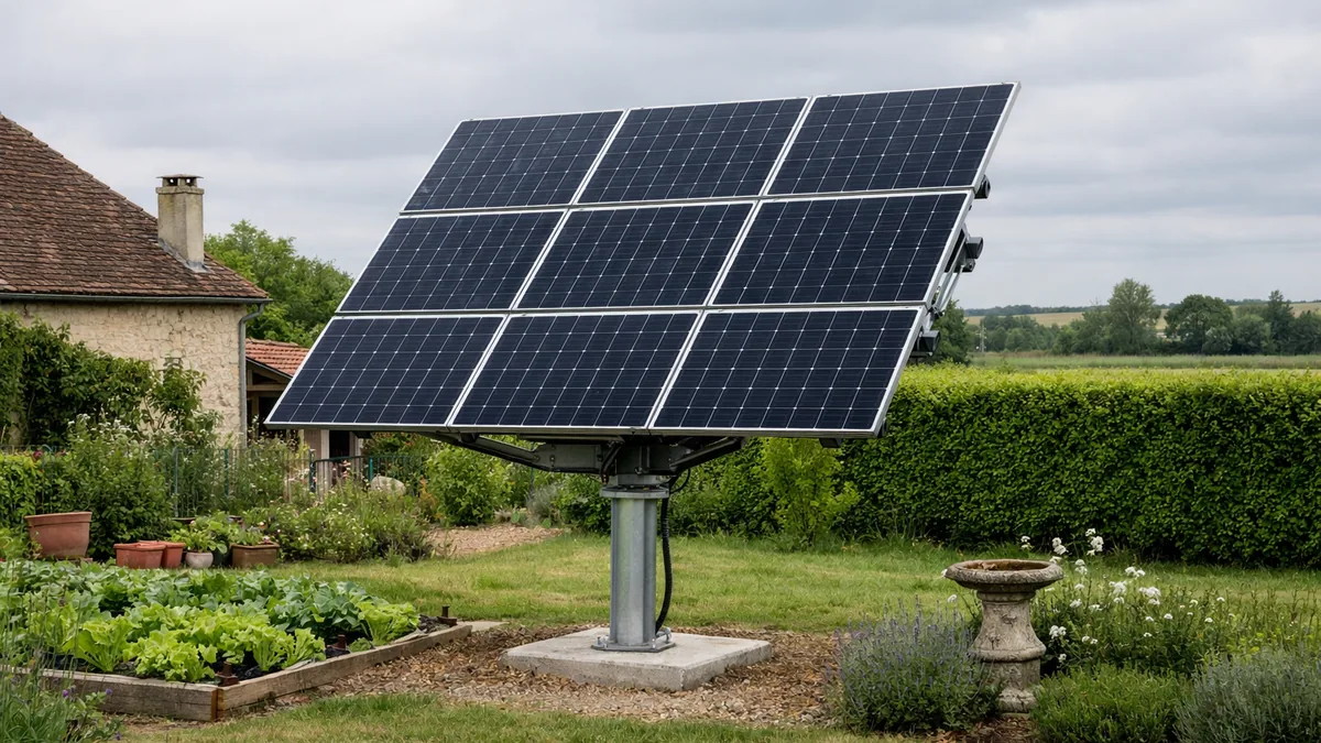 Tracker solaire orientable installé dans un jardin en Bretagne
