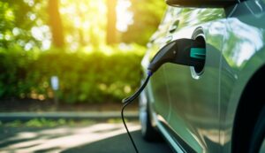 Alimentation électrique pour la recharge d'une voiture électrique. Station de recharge pour voiture électrique. Gros plan de l'alimentation électrique branchée sur une voiture électrique en cours de chargement.